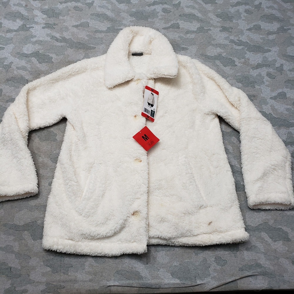 32 Degrees Heat Jacket Women Medium Beige Faux Fur Sherpa Fleece Button NWT
